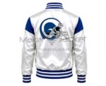 Back View Of Los Angeles Rams Satin Jacket featuring large LA Rams helmet logo on the back.