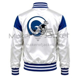 Back View Of Los Angeles Rams Satin Jacket featuring large LA Rams helmet logo on the back.