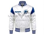Front View Of Los Angeles Rams Satin Jacket Featuring Rams lettering and helmet logo on chest.