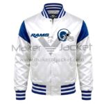 Front View Of Los Angeles Rams Satin Jacket Featuring Rams lettering and helmet logo on chest.