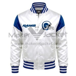 Front View Of Los Angeles Rams Satin Jacket Featuring Rams lettering and helmet logo on chest.