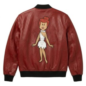 Back view of Wilma Flintstones Red Leather Bomber Jacket features large leather applique artwork of Wilma Flintstone in her iconic white dress.