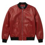 Front view of Wilma Flintstones Red Leather Bomber Jacket features a center zipper, black ribbed cuffs, and "WILMA" embroidered in red outlined text on the left chest.