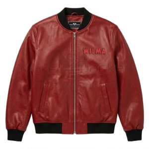 Front view of Wilma Flintstones Red Leather Bomber Jacket features a center zipper, black ribbed cuffs, and "WILMA" embroidered in red outlined text on the left chest.