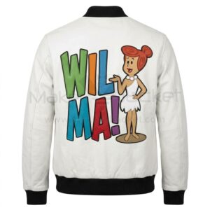 Back view of Wilma Flintstones White Leather Bomber Jacket features large graphic of Wilma Flintstone standing next to her name spelled in colorful letters.