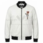 Front view of Wilma Flintstones White Leather Bomber Jacket features a center zipper, black ribbed collar, and Wilma Flintstone embroidered on the chest.