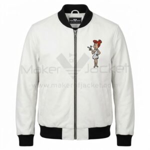 Front view of Wilma Flintstones White Leather Bomber Jacket features a center zipper, black ribbed collar, and Wilma Flintstone embroidered on the chest.