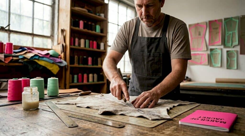 Artisan cutting cowhide leather in workshop