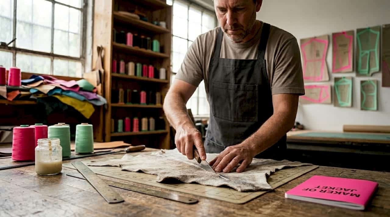 Artisan cutting cowhide leather in workshop