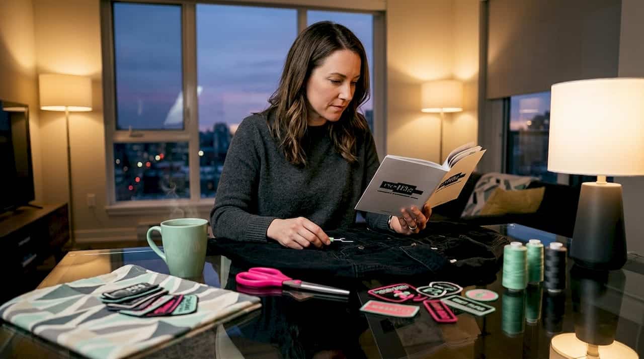 Woman troubleshooting jacket customization at home