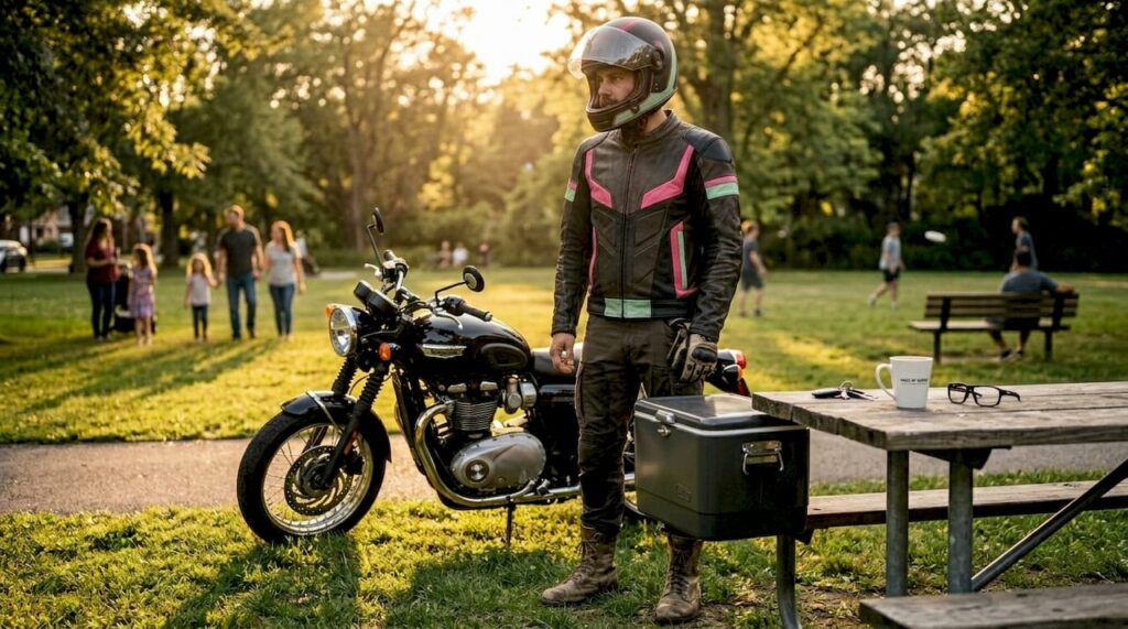 Biker adjusting helmet and jacket outside café