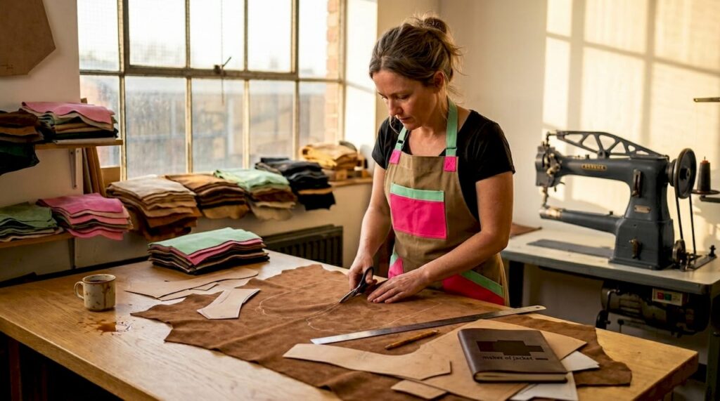 Designer hand-cutting suede jacket material in studio