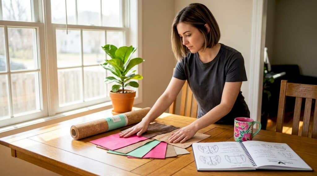 Person reviewing vegan leather swatches at kitchen island