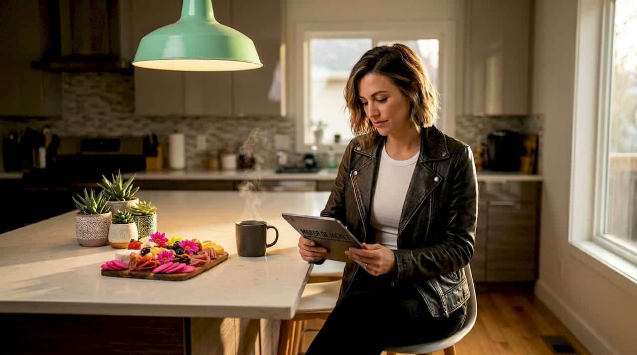 Professional in cowhide leather jacket in home setting