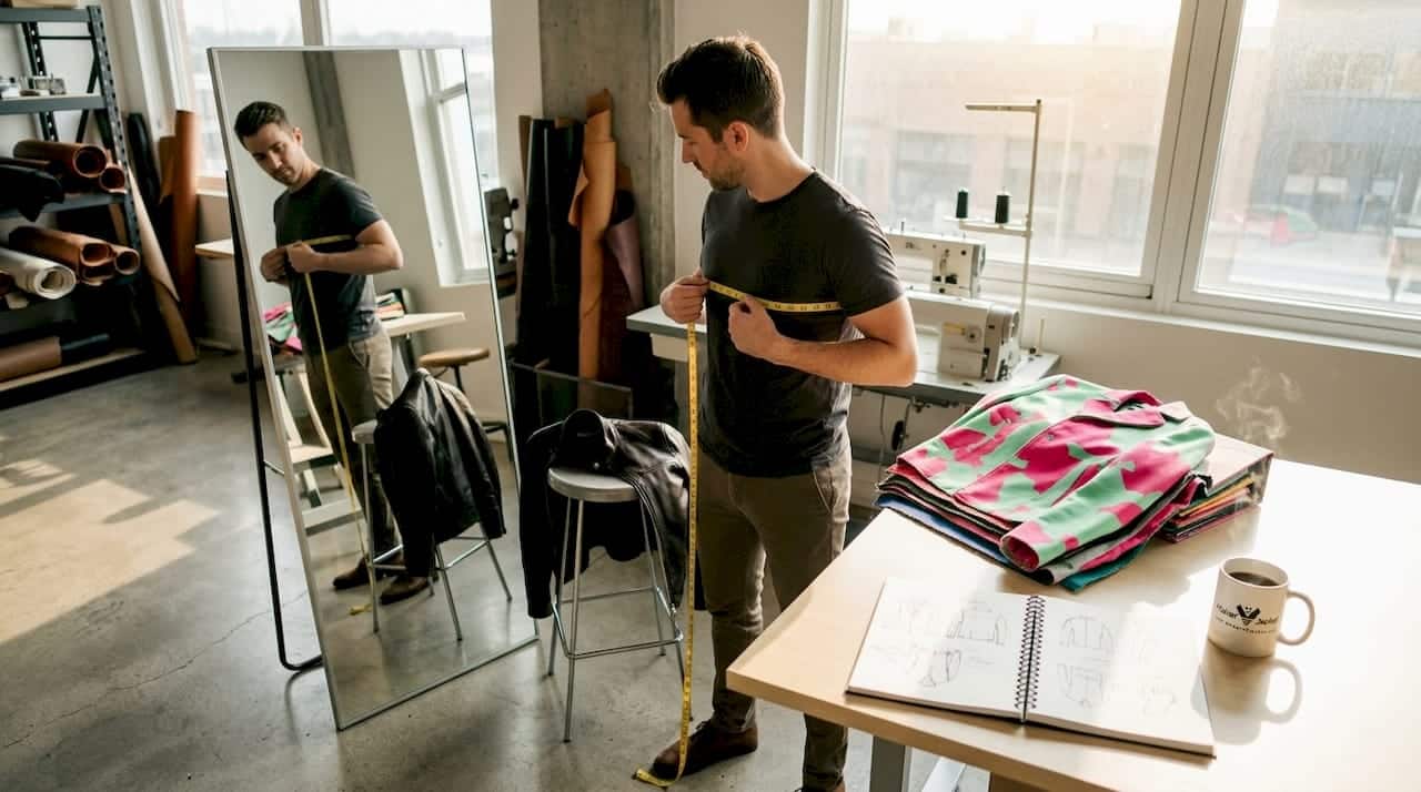 Man measuring chest for jacket sizing