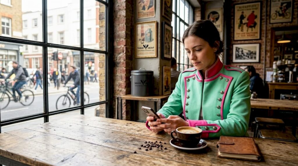 Margot Robbie style military jacket in café