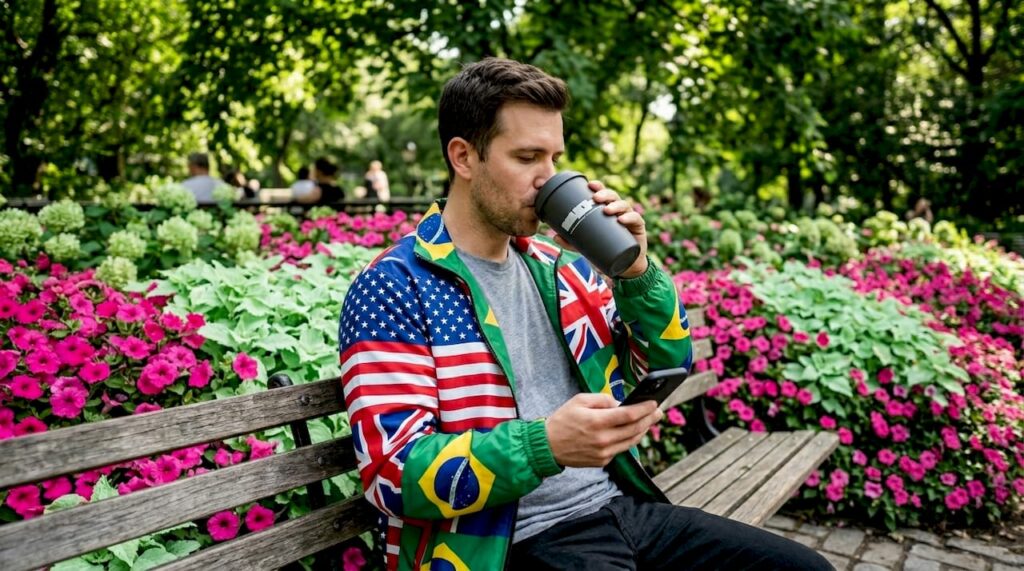 Man wearing country flag jacket in park