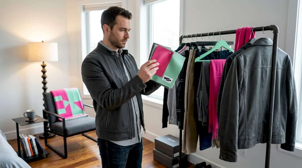 Man comparing jacket colors in a home wardrobe