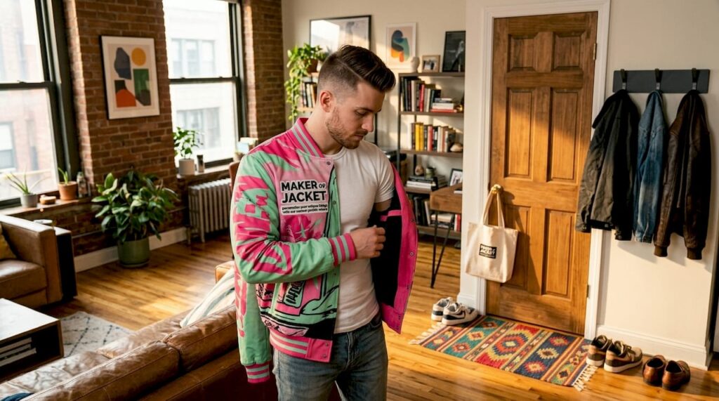 Man trying on graphic varsity jacket at home