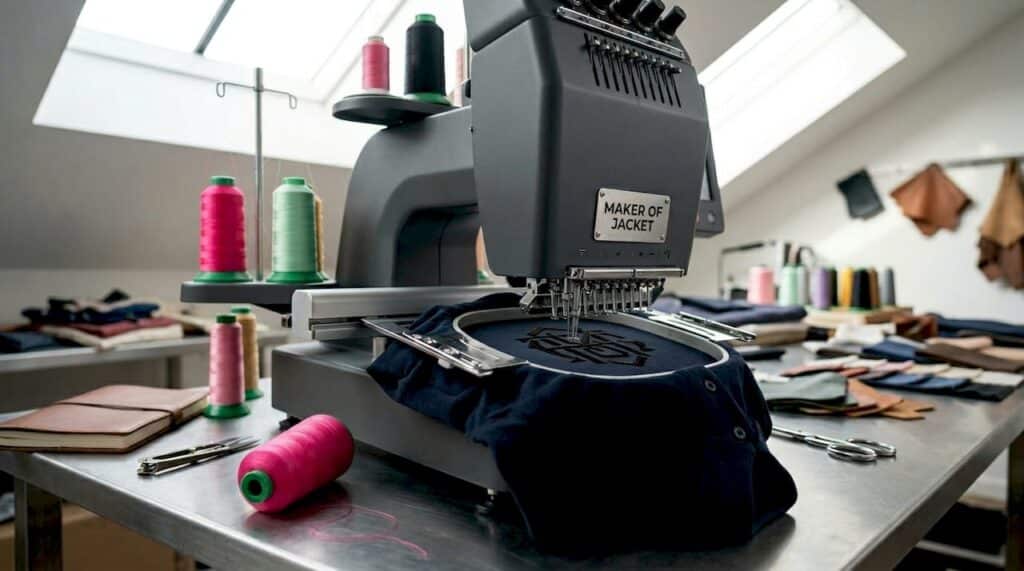 Embroidery machine stitching colorful logo on polo shirt