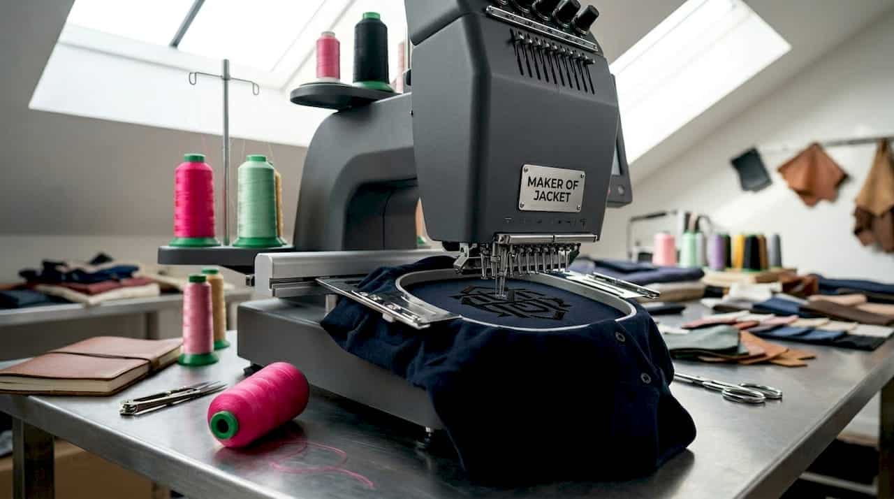 Embroidery machine stitching colorful logo on polo shirt