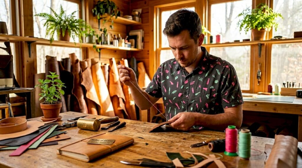 Artisan stitching vegetable-tanned leather indoors