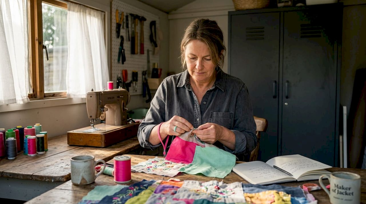 Artisan sewing colorful patchwork fabric