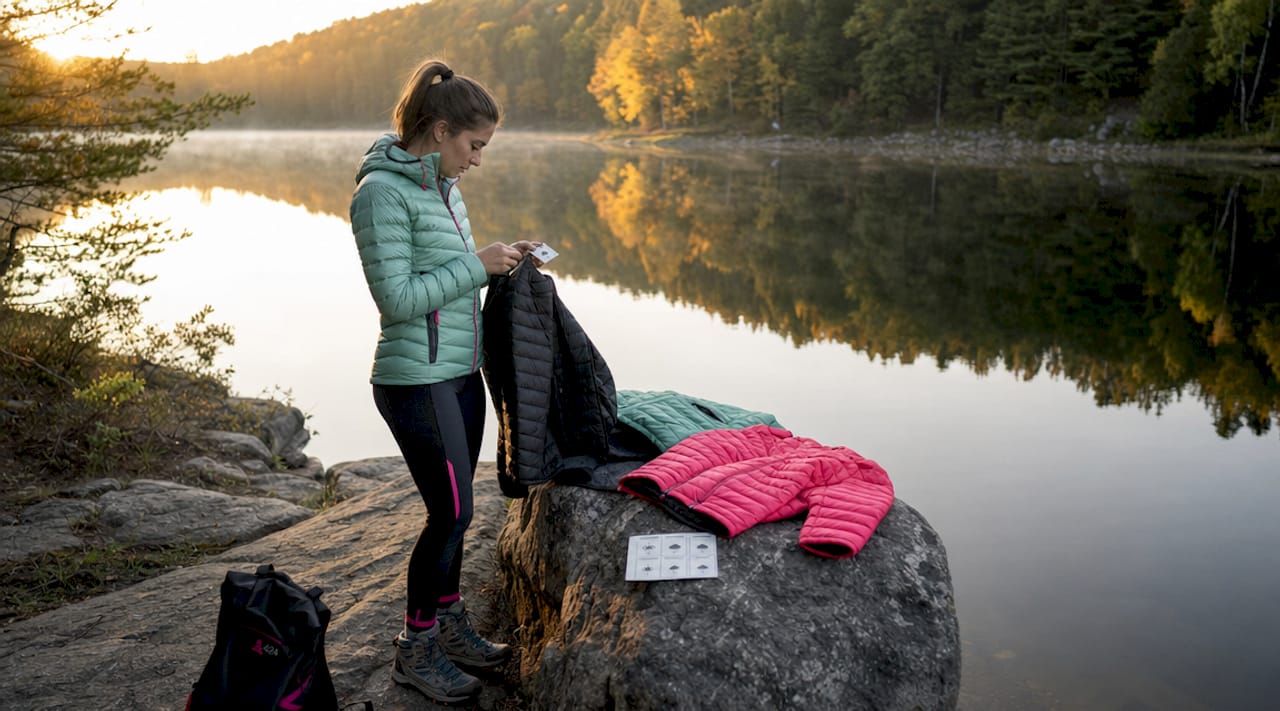 Hiker checking jacket temperature rating outdoors