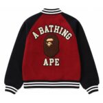 Back View of BAPE Red Black Varsity Jacket featuring A BATHING APE lettering with signature BAPE patch and rib-knit waistband.