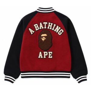 Back View of BAPE Red Black Varsity Jacket featuring A BATHING APE lettering with signature BAPE patch and rib-knit waistband.