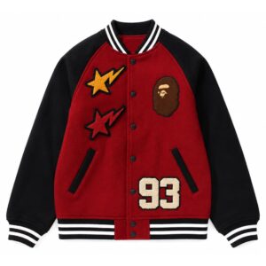 Front View of BAPE Red Black Varsity Jacket Featuring rib-knit collar, snap button closure, BAPE chest patch, star patch, and two front waist pockets.