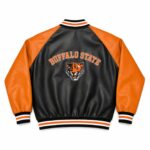 Back View Of Buffalo State Bengals Varsity Jacket featuring BUFFALO STATE lettering with Bengals logo on black and orange wool and leather varsity design.
