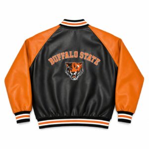 Back View Of Buffalo State Bengals Varsity Jacket featuring BUFFALO STATE lettering with Bengals logo on black and orange wool and leather varsity design.
