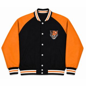 Front View Of Buffalo State Bengals Varsity Jacket Featuring leather sleeves, snap-button closure, and Bengals logo on the left chest.