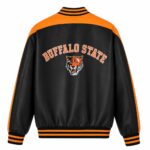 Back View Of Buffalo State College Varsity Jacket featuring bold BUFFALO STATE lettering in black and orange premium leather varsity design.