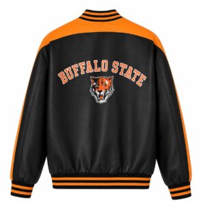 Back View Of Buffalo State College Varsity Jacket featuring bold BUFFALO STATE lettering in black and orange premium leather varsity design.