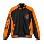 Front View Of Buffalo State College Varsity Jacket Featuring Buffalo State logo on the left chest, YKK zipper closure, rib-knit trims, and two waist pockets.