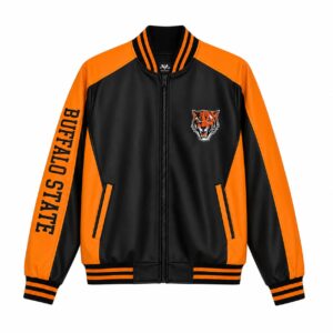 Front View Of Buffalo State College Varsity Jacket Featuring Buffalo State logo on the left chest, YKK zipper closure, rib-knit trims, and two waist pockets.