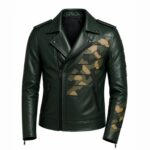 Front View Of Men's Camo Panel Biker Leather Jacket Featuring camo panel design, notch lapel collar, asymmetrical YKK zipper closure, and zipper pockets.
