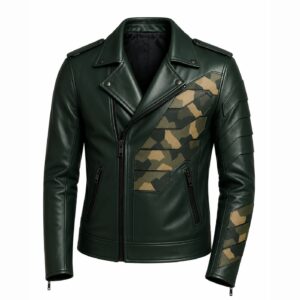 Front View Of Men's Camo Panel Biker Leather Jacket Featuring camo panel design, notch lapel collar, asymmetrical YKK zipper closure, and zipper pockets.