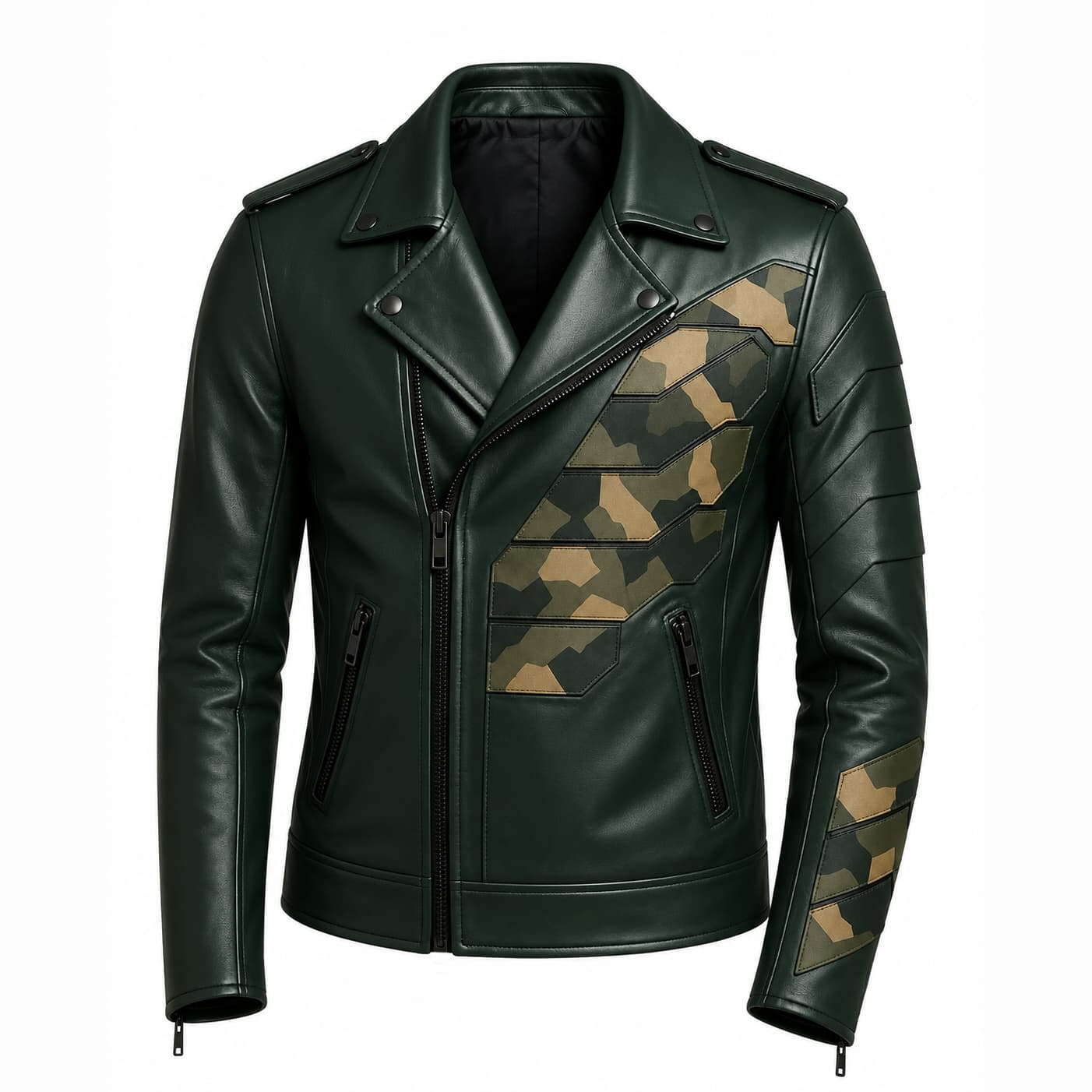 Camo-Panel-Green-Leather-Jacket-Front-Image Front View Of Men's Camo Panel Biker Leather Jacket Featuring camo panel design, notch lapel collar, asymmetrical YKK zipper closure, and zipper pockets.