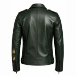 Back View Of Men's Camo Panel Biker Leather Jacket featuring camo panel sleeve detail, structured biker design, and zipper cuffs.