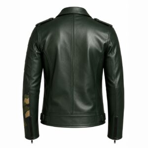 Back View Of Men's Camo Panel Biker Leather Jacket featuring camo panel sleeve detail, structured biker design, and zipper cuffs.