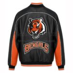 Back View Of Cincinnati Bengals Bomber Jacket featuring a large Bengals logo with BENGALS spell patch in black and orange leather.