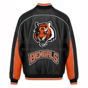 Back View Of Cincinnati Bengals Bomber Jacket featuring a large Bengals logo with BENGALS spell patch in black and orange leather.