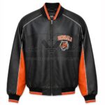 Front View Of Cincinnati Bengals Bomber Jacket Featuring BENGALS logo on the left chest and YKK zipper.