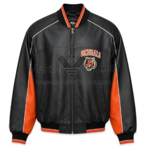 Front View Of Cincinnati Bengals Bomber Jacket Featuring BENGALS logo on the left chest and YKK zipper.