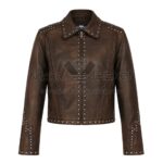 Front View of Distressed brown studded leather jacket Featuring Shirt Collar, YKK Zipper, Side Buckles & All-Over Studded Detailing