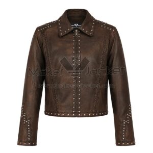 Front View of Distressed brown studded leather jacket Featuring Shirt Collar, YKK Zipper, Side Buckles & All-Over Studded Detailing