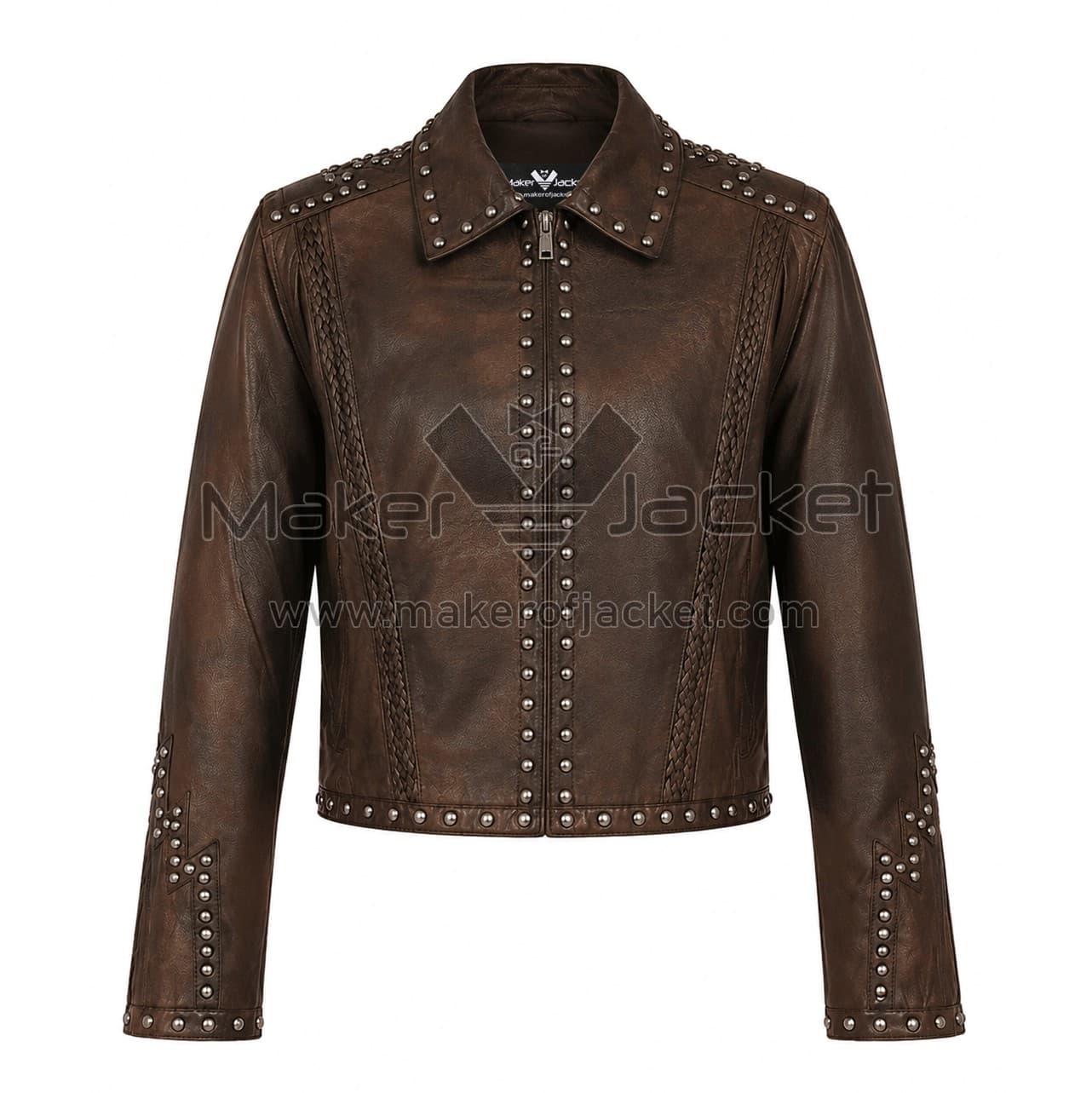 Distressed-Brown-Studded-Leather-Jacket-Front-Image Front View of Distressed brown studded leather jacket Featuring Shirt Collar, YKK Zipper, Side Buckles & All-Over Studded Detailing